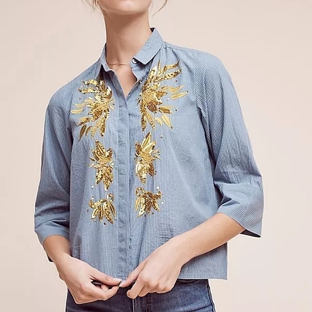 Anthropologie Maeve Gold Sequin Poplin Buttondown Blouse Blue Stripe-Size 2